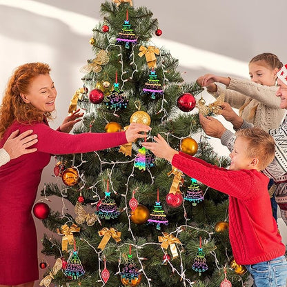 FEBSNOW 48 PCS Christmas Crafts for Kids, Magic Rainbow Christmas Scratch Art Paper Cards Christmas Tree Hanging Ornaments Christmas Gifts for Party Favors Games