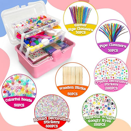 LINAYE 2500+PCS Arts and Crafts Supplies for Kids, DIY Craft Supplies Kit Box for Ages 6-8, Arts and Crafts Kit for Kids, Crafting Supply Set for Girls Boys Birthday Christmas Gifts, Pink