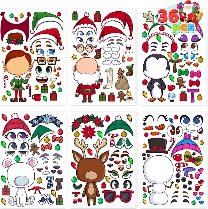 JOYIN 36 Pcs Christmas Make-a-face Sticker Sheets Make Your Own Xmas Characters Mix and Match Sticker with Full Body Design Reindeer, Snowman, Elf, for Kids Party Favor Art Craft Classroom Activities