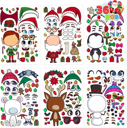 JOYIN 36 Pcs Christmas Make-a-face Sticker Sheets Make Your Own Xmas Characters Mix and Match Sticker with Full Body Design Reindeer, Snowman, Elf, for Kids Party Favor Art Craft Classroom Activities