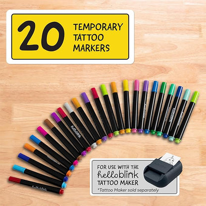 Hello Blink Temporary Tattoo Refill Markers - 20 Count - Compatible with Hello Blink Tattoo Maker - Bold Colors for DIY Body Art - Kids Craft Ages 8+