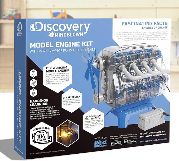 Discovery #MINDBLOWN Model Engine Building Kit, DIY 4-Cylinder Combustion Engine, Working Pistons Fan Valves Belts LED Lights, STEM Mechanic Engineering Construction Experiment Set, Kids & Adults Gift
