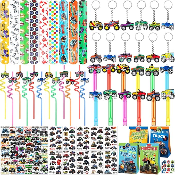 120 Pcs Truck Party Favors Set Include 12 Truck Bubble Wands 12 Slap Bracelets 12 Keychain 12 Truck Gift Bag 12 Truck Stickers 12 Drinking Straw 50 Stickers for Truck Birthday Party Favors