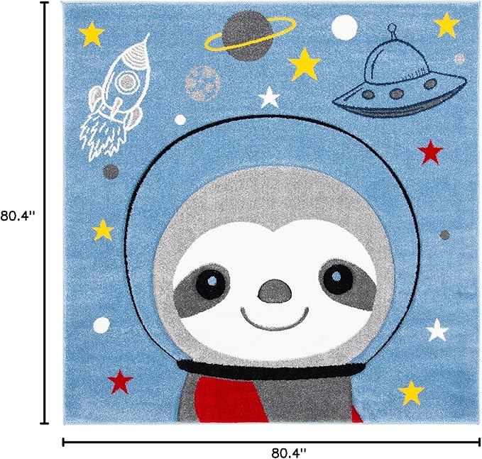 SAFAVIEH Carousel Kids Collection 6'7" Square Blue/Grey CRK140M Sloth Astronaut Non-Shedding Playroom Nursery Bedroom Area Rug