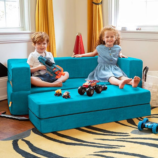 Jaxx Zipline Kids Sofa & Large Ottoman, 3 in 1 Fold Out Sofa, Big Kids Edition, Teal