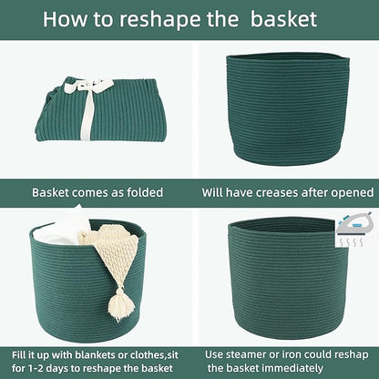 XUANGUO Cotton Rope Basket For Girls Boys Kids 16”X14” Baby Laundry Basket Nursery Bin Round Woven Baskets Organizer For Storage Toys Blankets Shoes Clothes dark green