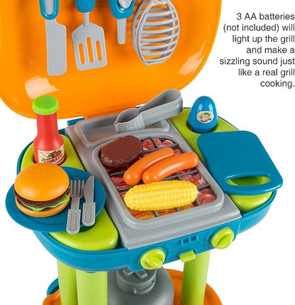 BBQ Grill Toy Set - Interactive Play Kitchen Set with Lights and Sounds, Wheels, Toy Food, and Cooking Accessories by Hey! Play!