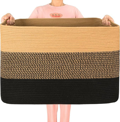 MINTWOOD Design 112L Extra Large Blanket Basket Holder Living Room, 25"x17"x16" Rectangle Rope Woven Storage Basket with Handles for Laundry, Pool Towels, Shoes, Dog Toy Organizer Bin Box, Black Jute
