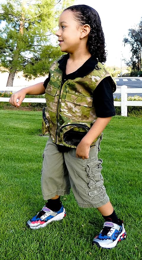 Kids Cargo Vest Set Camouflage Vest and Hat Youth S/M Fits Kids Size 4-7 (Camouflage (Hat and Vest), Small/Medium)