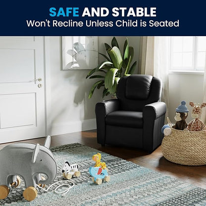 Flash Furniture Vana LeatherSoft Kids Recliner with Cup Holder, Headrest, and Safety Recline, Contemporary Reclining Chair for Kids, Supports up to 90 lbs., Black