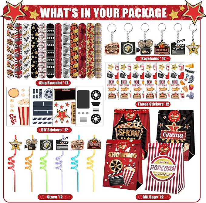 Movie Night Party Favors 72 PCS Movie Theater Slap Bracelets Temporary Tattoos DIY Stickers Keychains Plastic Straws Gift Bags for Kids Movie Night Carzy Birthday Party Gift Baby Shower Goodie Bag Fillers Movie Party Supplies