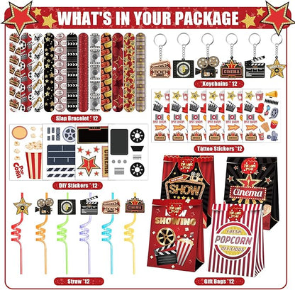 Movie Night Party Favors 72 PCS Movie Theater Slap Bracelets Temporary Tattoos DIY Stickers Keychains Plastic Straws Gift Bags for Kids Movie Night Carzy Birthday Party Gift Baby Shower Goodie Bag Fillers Movie Party Supplies