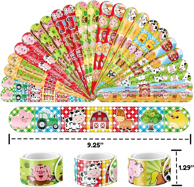 48PCS Farm Animal Party Favors - 24PCS Tattoos & 24PCS Slap Bracelets - Barnyard Birthday Supplies, Cow & Tractor Decorations, Gifts for Girls & Boys