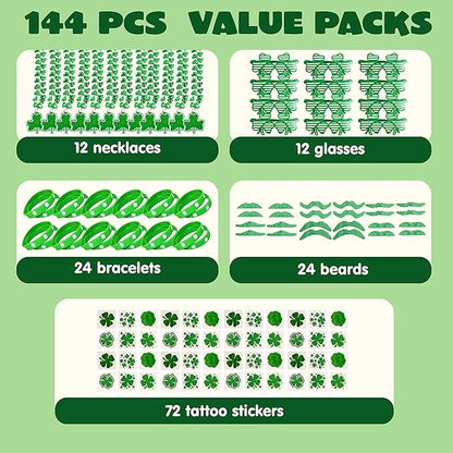 JOYIN 144 PCS St. Patrick's Day Dressing-up Accessories Set Party Favor with 12 Green Shamrock Eyeglasses 12 Beaded Necklace 72 Temporary Tattoos 24 Mustache 24 bracelets