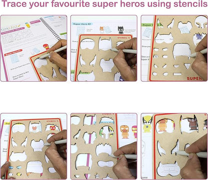 ButterflyEdufields 6in1 Stencils for Kids Drawing – 60pcs Art Supplies kit for Girls & Boys with 50+ Free Hand Drawing Challenges, Dinosaur Super Heroes Stencils, Finger Painting, Sponge Art