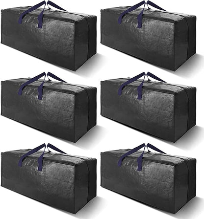 VELVETSURE Heavy Duty Extra Large Moving Bags W/Backpack Straps - Strong Handles & Zippers, Storage Totes For Space Saving, Fold Flat, Alternative to Moving Box and Storage Bin (Set of 6, Black)