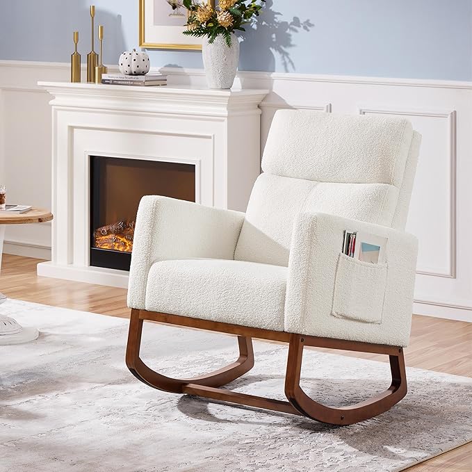 Yaheetech Upholstered Rocking Chair, Boucle Glider Chair Nursery Chair with High Back and Side Pocket, Rocking Accent Armchair with Rubber Wood Legs for Living Room/Bedroom/Nursery, Ivory
