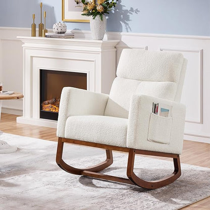 Yaheetech Upholstered Rocking Chair, Boucle Glider Chair Nursery Chair with High Back and Side Pocket, Rocking Accent Armchair with Rubber Wood Legs for Living Room/Bedroom/Nursery, Ivory