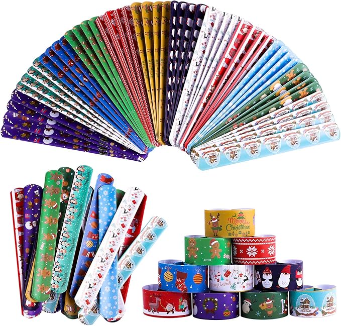 Elcoho 72 Pieces Christmas Snap Bracelets Xmas Party Favors Slap Bracelets Assorted Christmas Pattern Slap Wristband for Christmas Party Favors