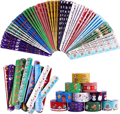 Elcoho 72 Pieces Christmas Snap Bracelets Xmas Party Favors Slap Bracelets Assorted Christmas Pattern Slap Wristband for Christmas Party Favors