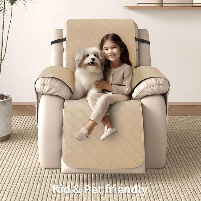 CHUN YI Recliner Chair Cover, Non-Slip Recliner Covers That Stay in Place, Washable Lazy Boy Recliner Covers with Pockets, Water Resistant Recliner Slipcover for Pets (Sand, Small Recliner)