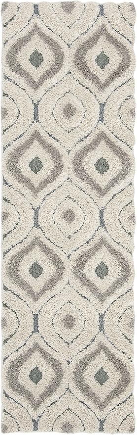 SAFAVIEH Florida Shag Collection 2'3" x 7' Cream / Light Blue SG461 Modern Ogee Non-Shedding Living Room Bedroom Dining Room Entryway Plush 1.2-inch Thick Runner Rug