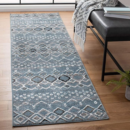 SAFAVIEH Amsterdam Collection Runner Rug - 2'3" x 16', Blue & Ivory, Moroccan Boho Design, Non-Shedding & Easy Care, Ideal for High Traffic Areas in Living Room, Bedroom (AMS108L)