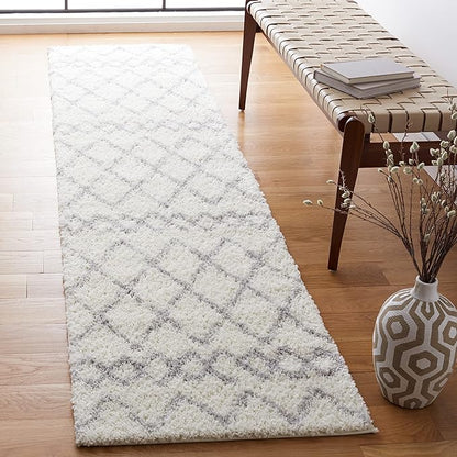 SAFAVIEH Berber Shag Collection Runner Rug - 2'2" x 9', Ivory & Light Grey, Moroccan Boho, Non-Shedding & Easy Care, 1.2-inch Thick Ideal for High Traffic Areas in Living Room, Bedroom (BER165F)