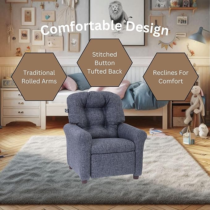 The Crew Furniture Traditional Kids Recliner, Toddler Ages 1-5 Years, Home Décor Polyester Linen, Gray