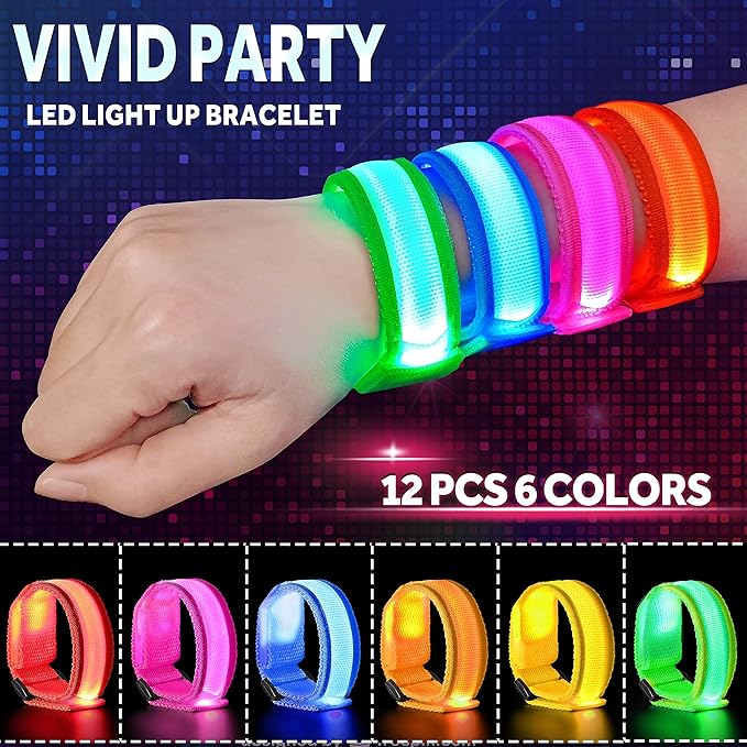 GIFTINBOX 12/6 PCS LED Light Up Bracelets for Kids Adults, LED Glow Flashing Arm Wrist Bands, Glow in The Dark Party Supplies for Night Events Valentine's Day Gifts Party Favors Concerts Rave Sports