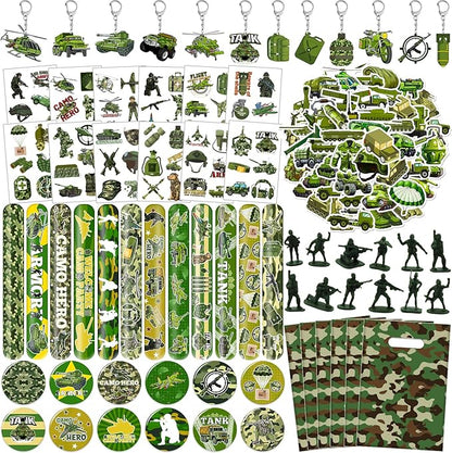 122 PCS Army Party Favors, Military Camo Temporary Tattoos Slap Bracelets Keychains Stickers Badges Goodie Bags Soldiers Figures for Army Birthday Party Decorations Gifts for Kids Classroom Rewards