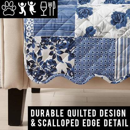 Great Bay Home Patchwork Scalloped Printed Furniture Protector Stain Resistant Sofa Cover (Sofa, Navy)