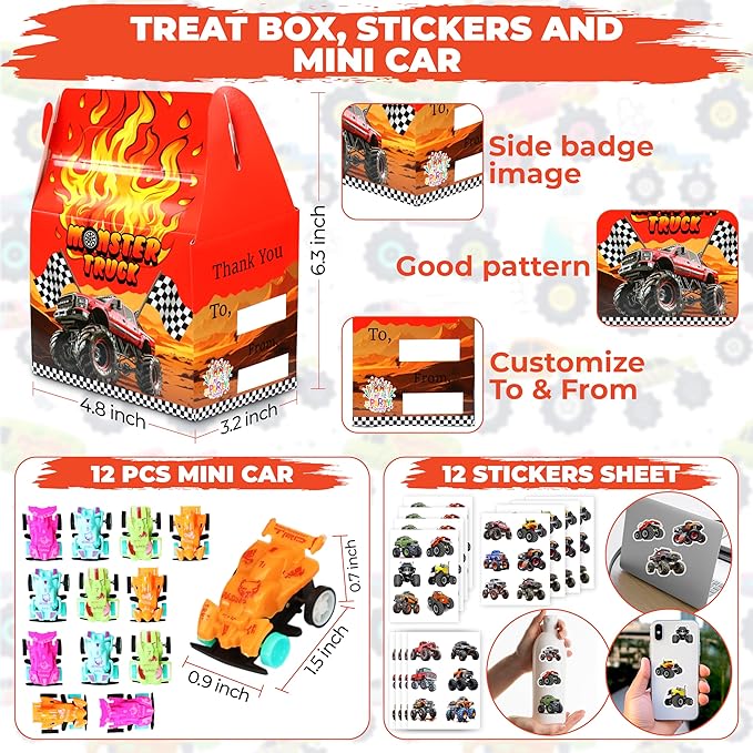 Monster Truck Party Favor 84 PCS Monster Truck Mini Pull Cars Treat Box Slap Bracelets Keychain Bubble Paper Straws Gift Rewards for Kids Birthday Supply