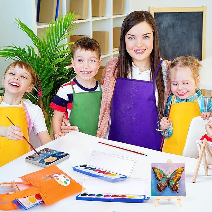 Aodaer 96 Pieces Valentine's Day Gift Mini Watercolor Paint Set Include 24 Set Colors Watercolor Paints Strip Palette Wooden Canvas Easels Canvas Tote Bags Aprons for Art Beginner Painting Supplies