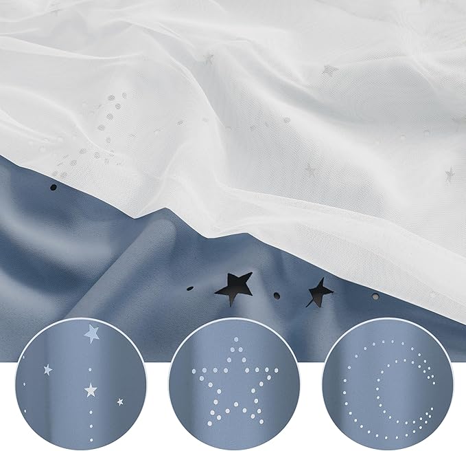 NICETOWN Nursery Curtains for Girls Bedroom Hollow-Out Star Window Curtain 84 inches Length Room Darkening Grommet 2 Layers for Nursery, (Stone Blue, W52 X L63, 2 Panels)