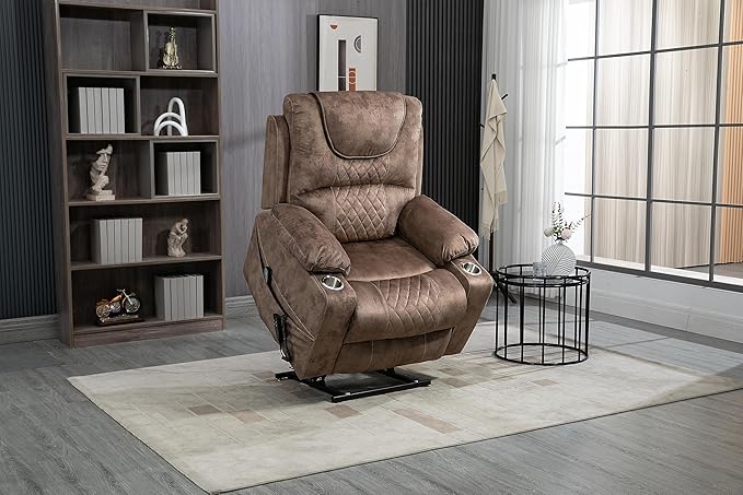 FANYE Electric Power Lift Chair for Elderly W/Massage and Heat, Infinite Positions 2 Remote Controllers Oversized Velvet Upholstered Recliner & Armchair W/Side Pockets & Cup Holders, Brown V