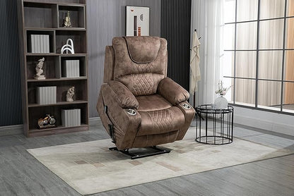 FANYE Electric Power Lift Chair for Elderly W/Massage and Heat, Infinite Positions 2 Remote Controllers Oversized Velvet Upholstered Recliner & Armchair W/Side Pockets & Cup Holders, Brown V