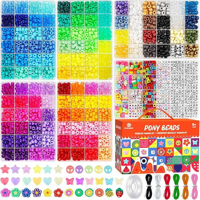 Dowsabel 6 Boxes 120 Colors Pony Beads Bracelet Making Kit, Beads for Jeweley Making with Letter Beads Kandi Beads, DIY Arts and Crafts Birthday Gifts Toys for Kids Age 6-13