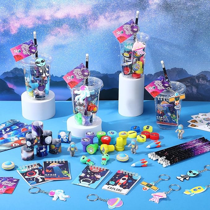 Colarr 161 Pcs Space Party Favor Space School Stationery Set Includes Gift Cup Notebook Pencil Sharpener Eraser Keychain Stamp Slap Bracelet Sticker Card for Space Birthday Supplies