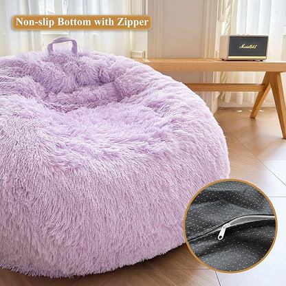 XeGe Faux Fur Comfy Bean Bag Cover for Living Room(No Filler), Fluffy Stuffed Animal Storage Bean Bag Chair Cover Light Purple, Furry Fuzzy Bean Bag Cover for Adults Kids Girls, Anti-Slip, Lavender