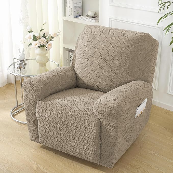 NORTHERN BROTHERS Oversized Recliner Chair Covers - Large Recliner Cover That Stay in Place 4 Piece, Jacquard Lazy Boy Recliner Chair Covers 1 Seater, Khaki