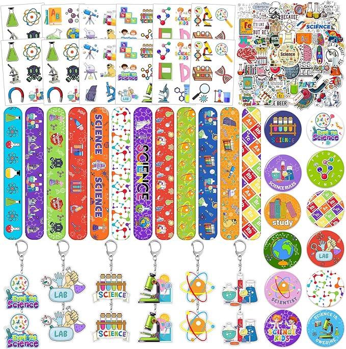 98PCS Science Party Favors Scientist Party Supplies with Science Slap Bracelets Science Stickers Science Badge Scientist Keychains Science Temporary Tattoos for Science Lab Party