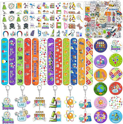 98PCS Science Party Favors Scientist Party Supplies with Science Slap Bracelets Science Stickers Science Badge Scientist Keychains Science Temporary Tattoos for Science Lab Party