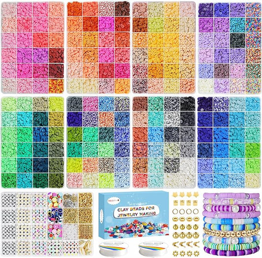 Redtwo 28000 Pcs Clay Beads Bracelet Making Kit 192 Colors 9 Boxes Flat Polymer Heishi Beads Set for Friendship Jewelry Making with Pendant Charms Crafts Gifts for Girls Ages 6-12 Kids Adults
