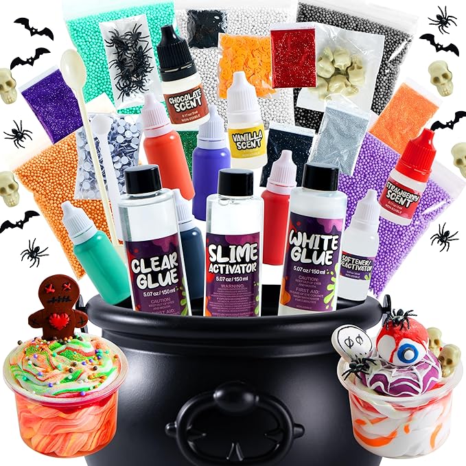 JOYIN Halloween Slime Kit for Kids, Halloween Party Favor, Art Activities Party Supplies, DIY Slime Craft Kit with Cauldron Kettle, Spooky Bats, Eyeballs, Pumpkins, Skeletons, Spiders, Party Game Gift