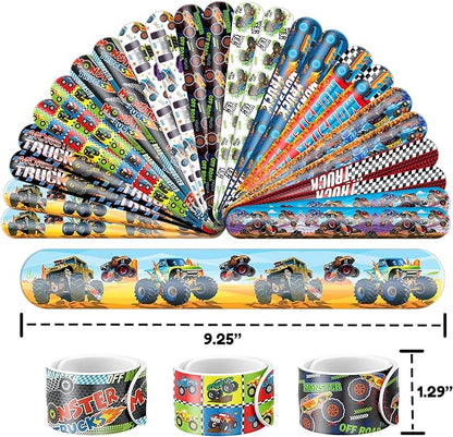 48PCS Monster Truck Party Favors - 24 Tattoos & 24 Slap Bracelets, Perfect for Big Car-Themed Birthdays, School Rewards, and Classroom Prizes for Boys & Girls