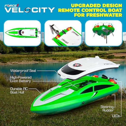 Force1 Velocity Green Fast RC Boat- Remote Control Boats for Adults and Kids, Underwater Speed Racing Mini RC Toy for Pools and Lakes, 2.4GHZ Transmitter, 2 Rechargeable Batteries, Low Battery Alert