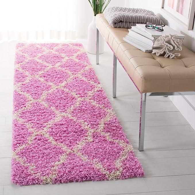 SAFAVIEH Dallas Shag Collection 2'3" x 8' Pink / Ivory SGDS257I Trellis Non-Shedding Living Room Bedroom Dining Room Entryway Plush 1.5-inch Thick Runner Rug