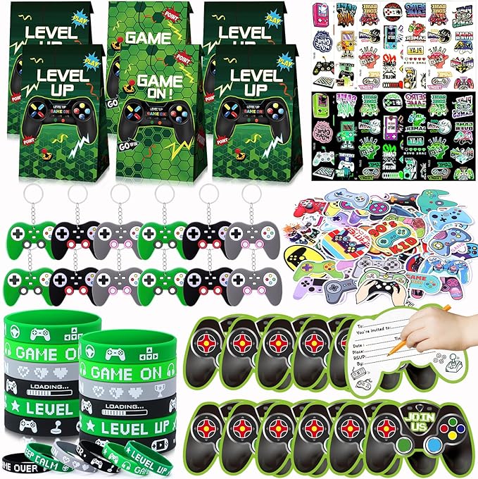 110Pcs Video Game Party Favors Birthday Supplies for Boys, Bag Invitation Card Silicone Bracelet Keychain Luminous Tattoo Stickers Kids Gifts Game On Goodie Bag Stuffers Gaming Gamer Party Favors