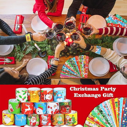 LUYI 60 PCS Christmas Slap Bracelets, Christmas Party Favors Toys for Kids Xmas Slap Wristbands Snap Bracelets Bulk for Christmas Stocking Stuffers Decoration Gifts Bag Filler
